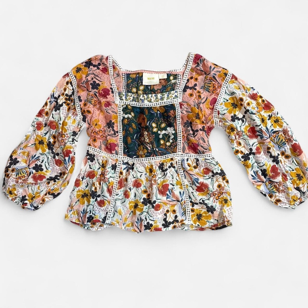 Anthropologie Maeve Peasant Blouse Mixed Floral Patchwork Print Crochet Lace XS